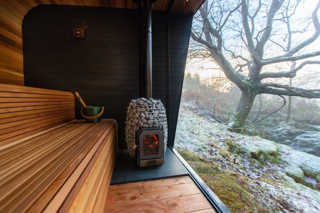Heartwood Sauna Bench With A Huum Stove