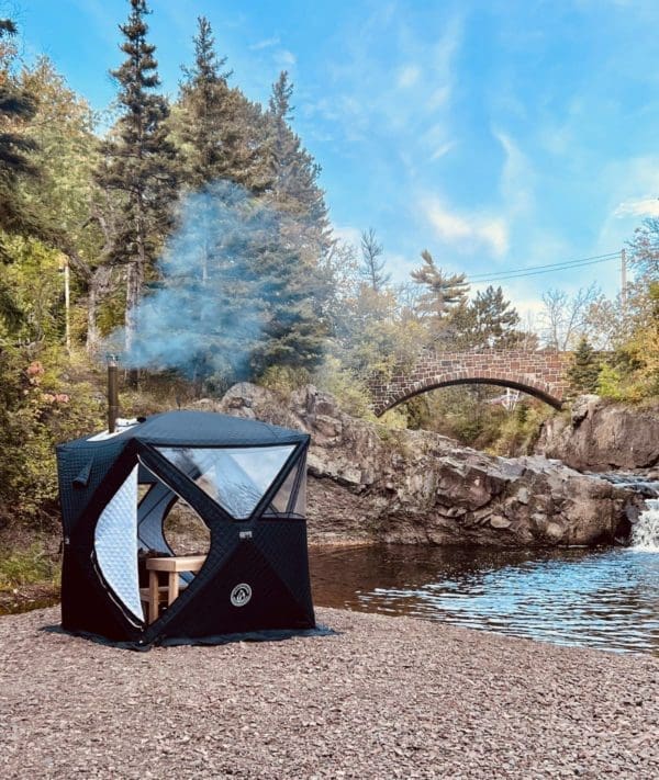 North Shore Prism Sauna Tent with wood stove and chimney