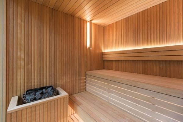 Indoor Finnish sauna kit with built in lighting wired and installed.