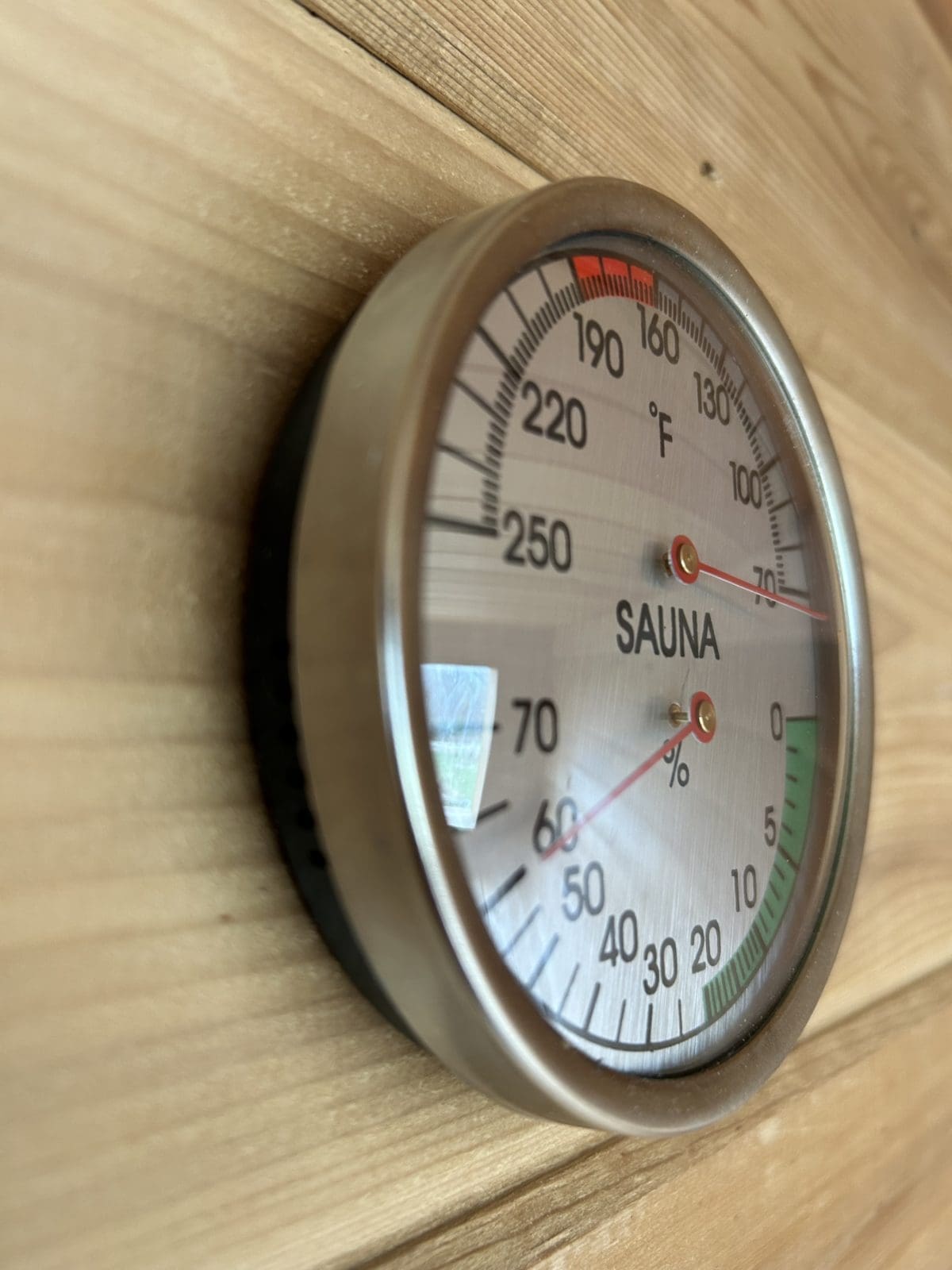 amerec sauna thermometer and hygrometer in a cedar sauna