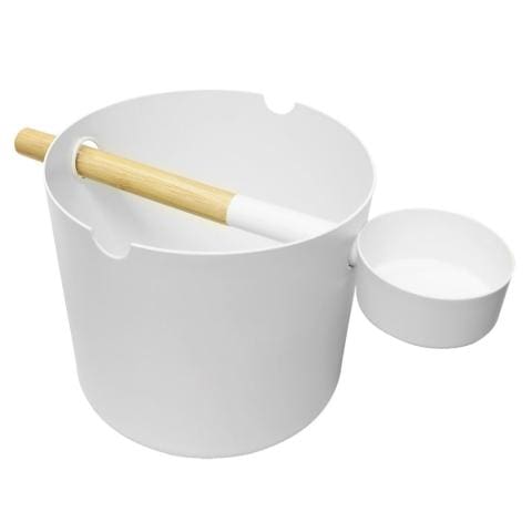 Modern white sauna bucket and ladle set