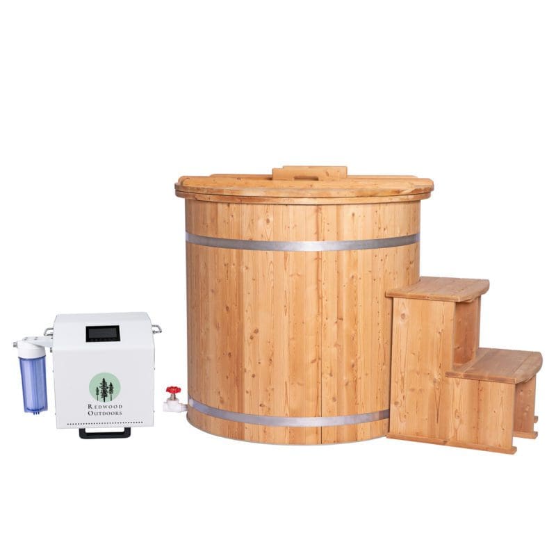 alaskan cold plunge kit from Redwood Outdoors with thermowood and a chiller