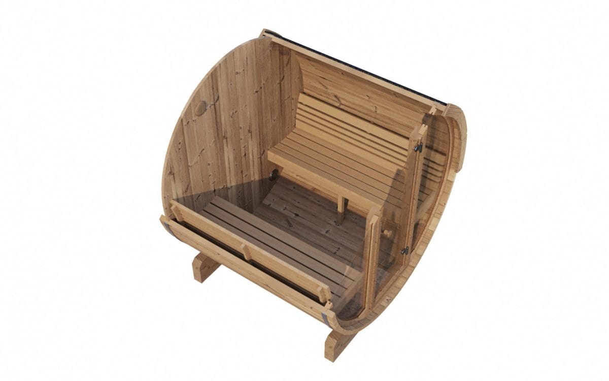 The Image Presents A Saunalife Ergo G Barrel Sauna, Exhibiting The Unique Full Front Glass Wall That Provides A Panoramic View. The Sauna Is Showcased In An Outdoor Setting, Reflecting Its Suitability For Installation In A Backyard Or Garden. The Image Gives A Good Representation Of The Sauna'S Overall Design And Aesthetic.