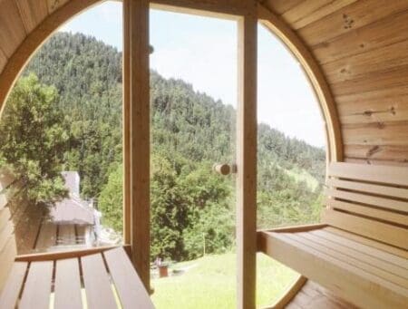 A stunning view from the interior of a luxurious glass front barrel sauna, showcasing the comfortable ergonomic seating and breathtaking hillside scenery through the panoramic glass wall.