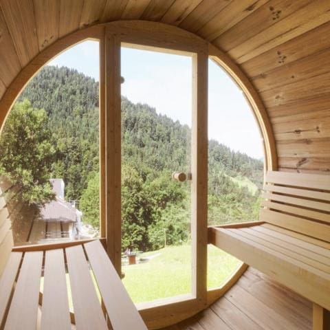 A stunning view from the interior of a luxurious glass front barrel sauna, showcasing the comfortable ergonomic seating and breathtaking hillside scenery through the panoramic glass wall.