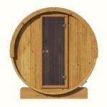 Elegant front profile view of SaunaLife 4-Person Barrel Sauna Kit, showcasing the tempered bronze glass door and thermo-spruce stave construction