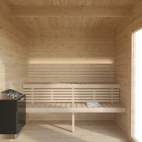 An inviting image showcasing the interior of the SaunaLife G4 modular sauna. Two-tier I-shaped, satin-finished aspen benches, perfectly sanded and smooth, are arranged in an L-shape layout, offering ample space for up to six bathers. The benches reflect a soft glow from the natural light filtering in through the full clear tempered glass front and the side window. The light highlights the exquisite, knotless wood grain texture, creating a warm and serene ambiance. The base of the benches hide discreetly tucked away LED light bars, adding an extra layer of soft illumination that emphasizes the calming atmosphere within this spacious Scandinavian sauna.
