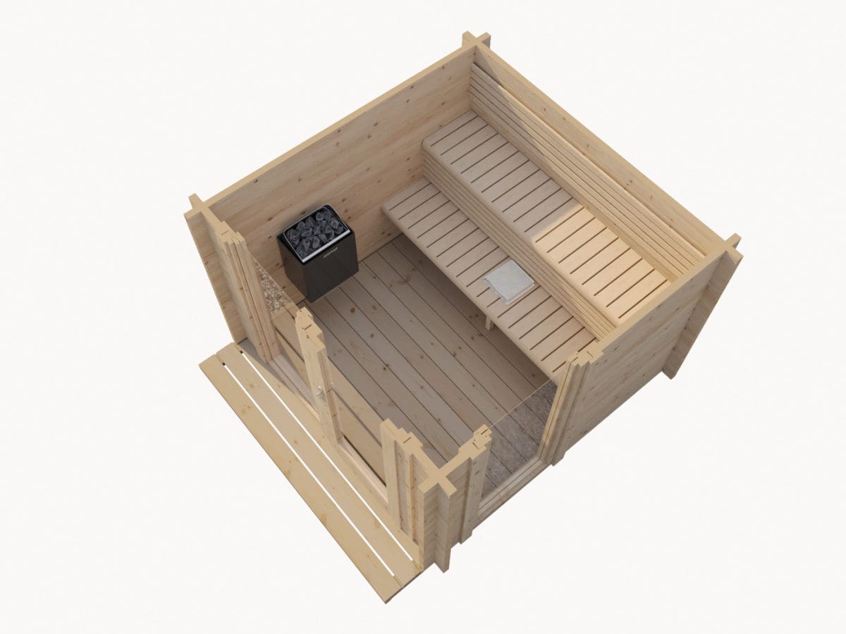 An overhead cutaway image showcasing the interior of the SaunaLife G4 outdoor sauna with its double-tier, I-shaped aspen benches. The bird's-eye view highlights the spacious seating arrangement that comfortably accommodates up to six people. The lower bench is adjacent to the electric heater, while the upper bench offers a more intense sauna experience. The meticulous craftsmanship of the knotless Aspen wood and the sauna's spacious design are prominently displayed, promising an inviting and serene space for rest and rejuvenation.