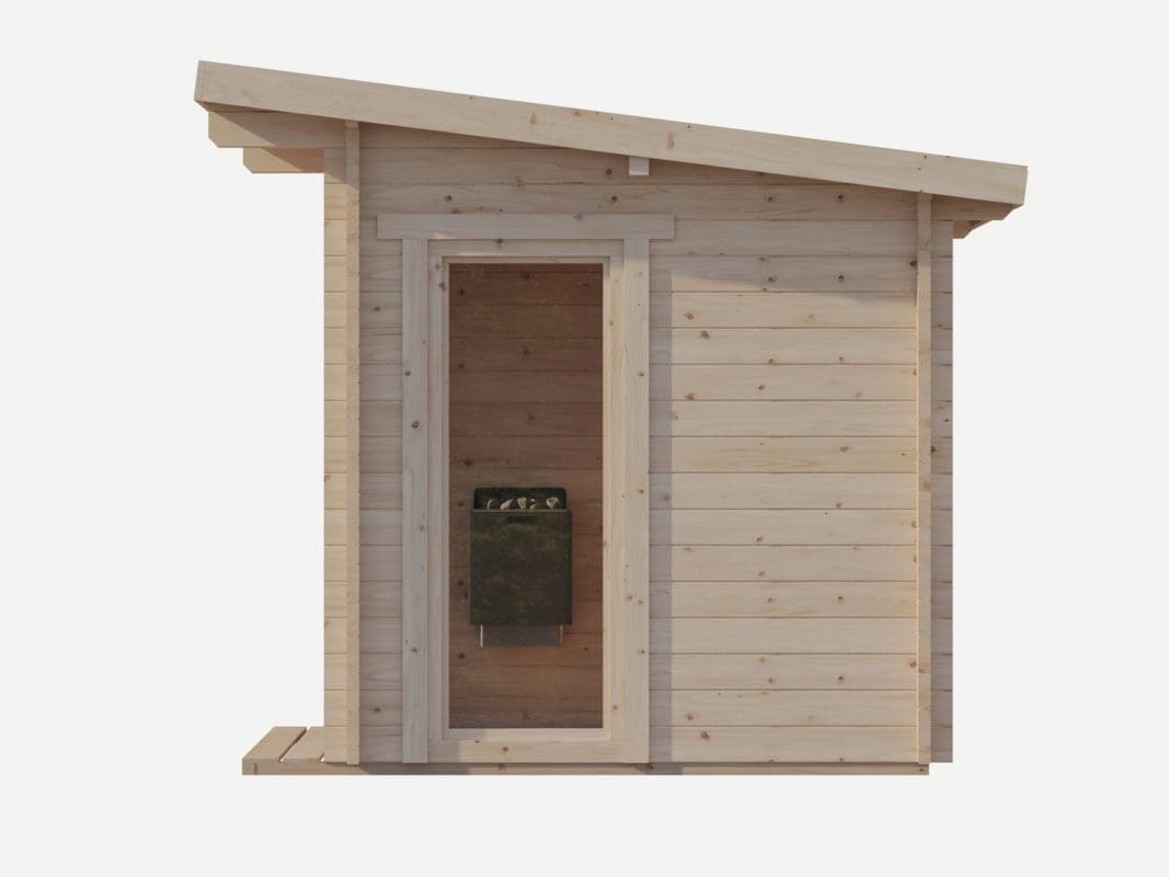 A side view image of the SaunaLife G4 outdoor sauna where the modern electric heater can be seen through the expansive side tempered glass window. The sauna's beautiful Nordic Spruce exterior is bathed in sunlight, highlighting the meticulous craftsmanship and interlocking-beam construction. The clear glass window perfectly frames the interior of the sauna, providing a peek into the tranquil space, with the heater located near the lower bench visible. This image emphasizes the sauna's perfect blend of aesthetic beauty and modern technology, showcasing its promise for a relaxing and authentic Scandinavian sauna experience right in your backyard.