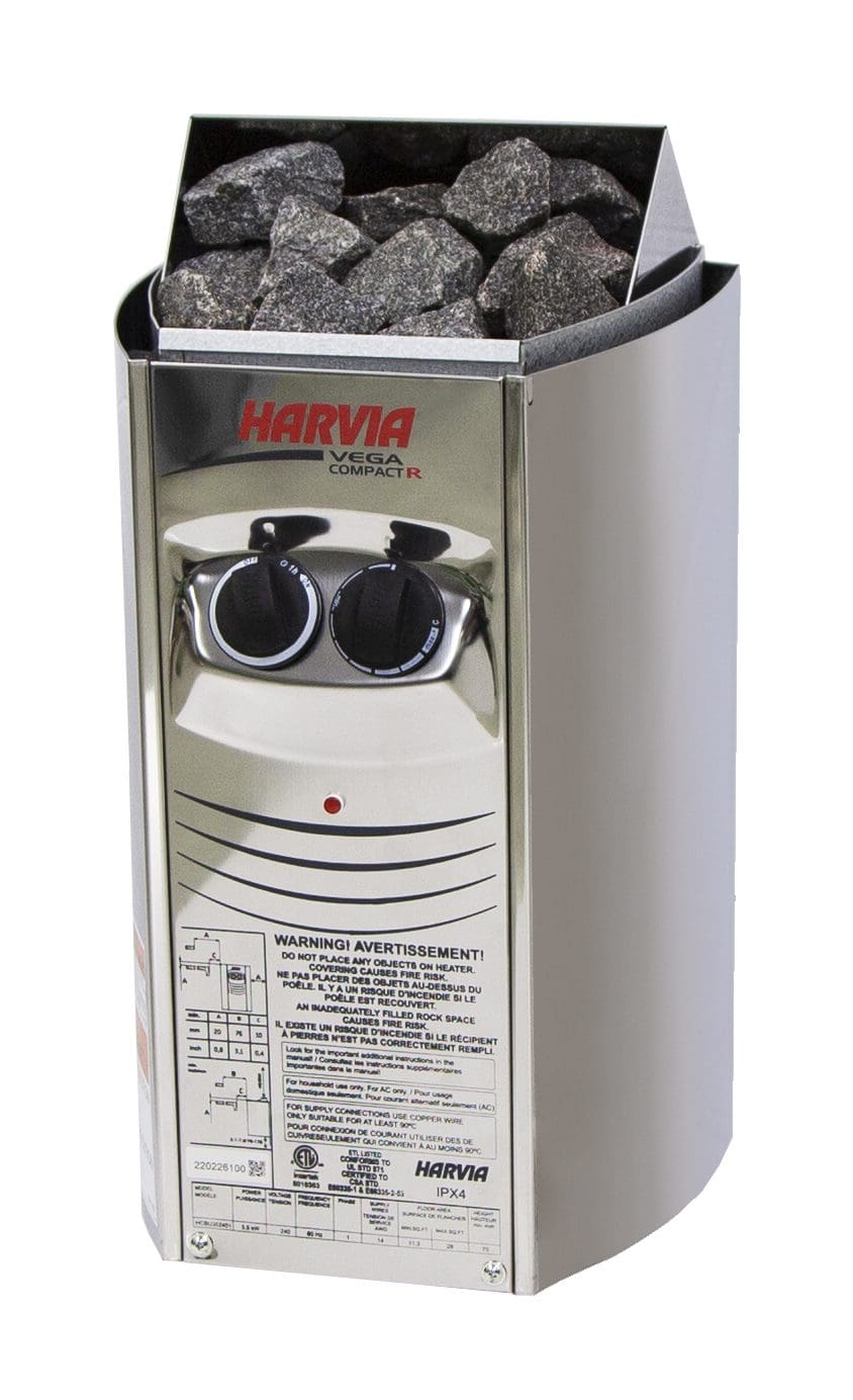 harvia vega compact product photo showing shiny stainless steel and controls