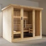 Main image for the SaunaLife Model X7 Indoor Home Sauna Kit, displaying its full glass front, majestic Nordic Spruce structure, and elegantly designed interior – a perfect addition for any home spa or gym.