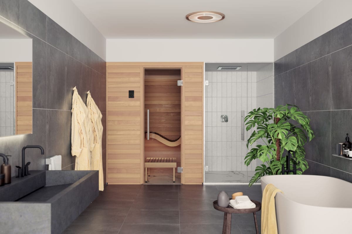 auroom baia indoor sauna kit in bathroom
