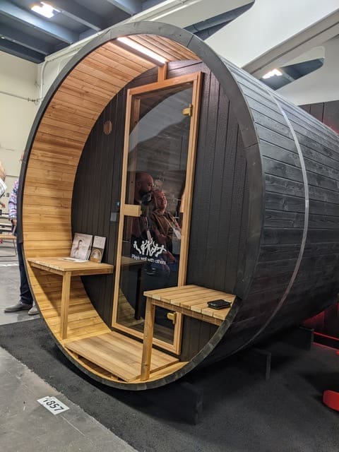 Thermory Ignite black barrel sauna at building show in vegas Thermory Ignite black barrel sauna at building show in vegas
