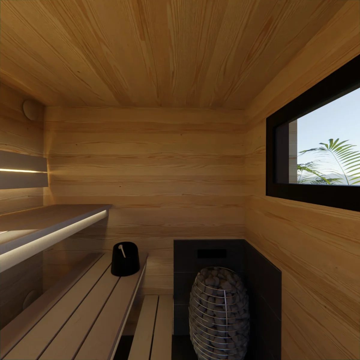 Inside live sauna from sauna plans with window and 3 bench heights