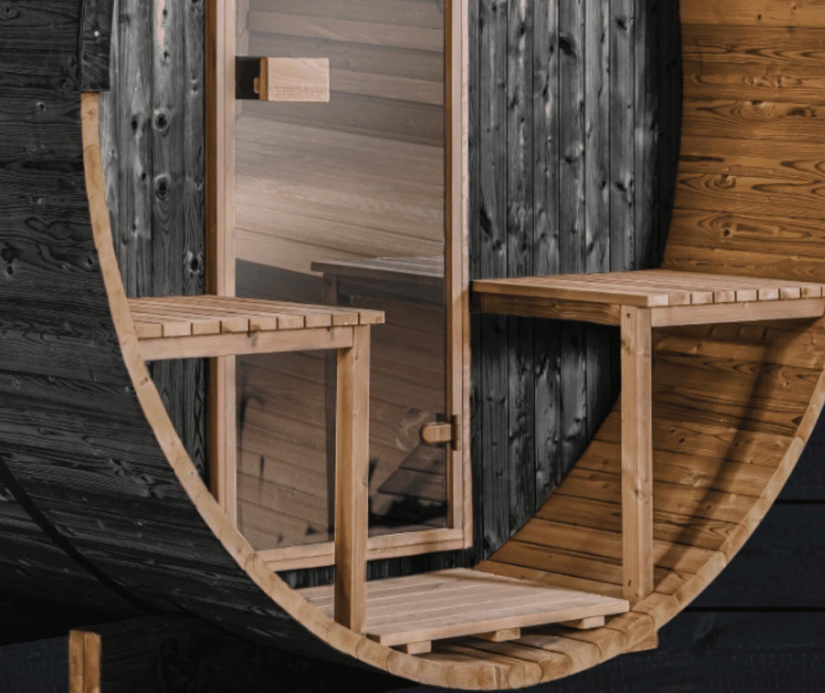 The Thermory ignite barrel sauna in shou sugi ban