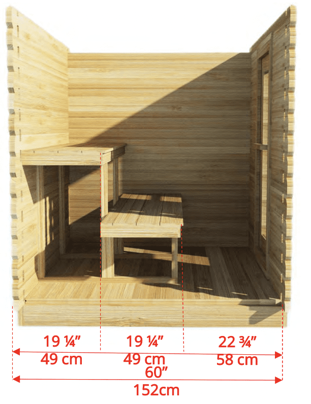 Interior dimensions of a small outdoor sauna from Dundalk Leisurecraft. This is the Granby Outdoor Sauna