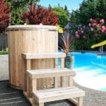 Baltic cold plunge tub from dunalk leisurecraft with step stools from canada wood.