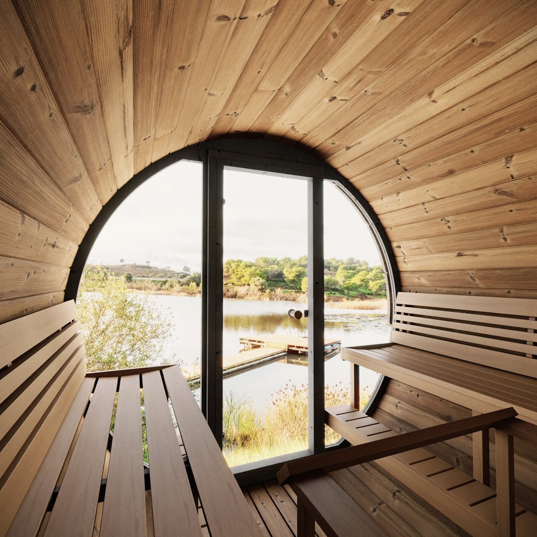 ee8g barrel sauna with upper bench and thermowood