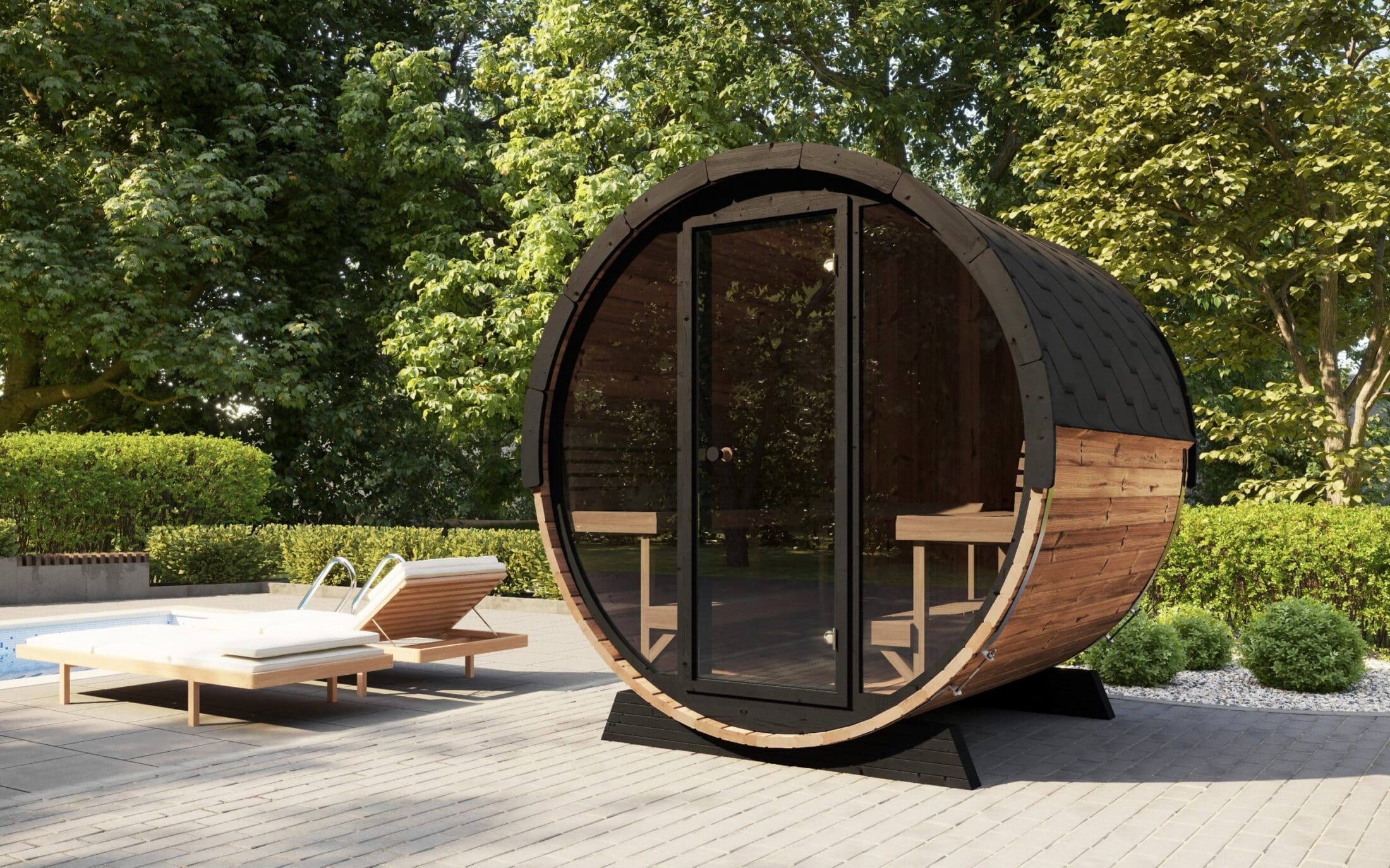 Model-EE8G-Sauna-7-scaled saunalife ee8g barrel sauna with upper bench for better sauna conditions and loyly