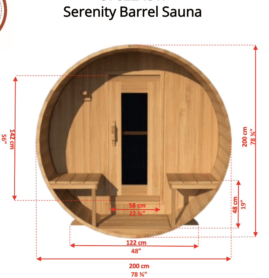 Serenity Barrel Sauna Dimensions from Dundalk Leisurecraft Canadian Timber Line with White Cedar from Canada shipping free