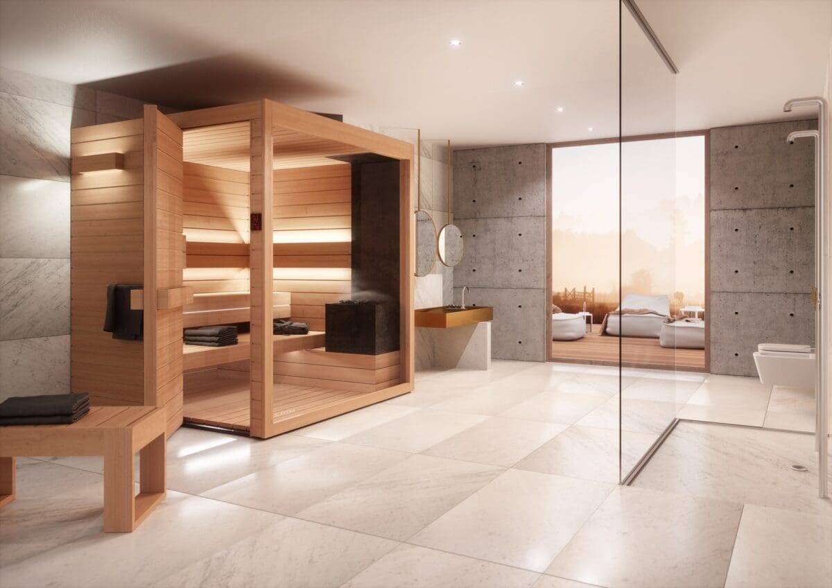Alder Sauna In A Bright Bathroom Auroom Lumina Top
