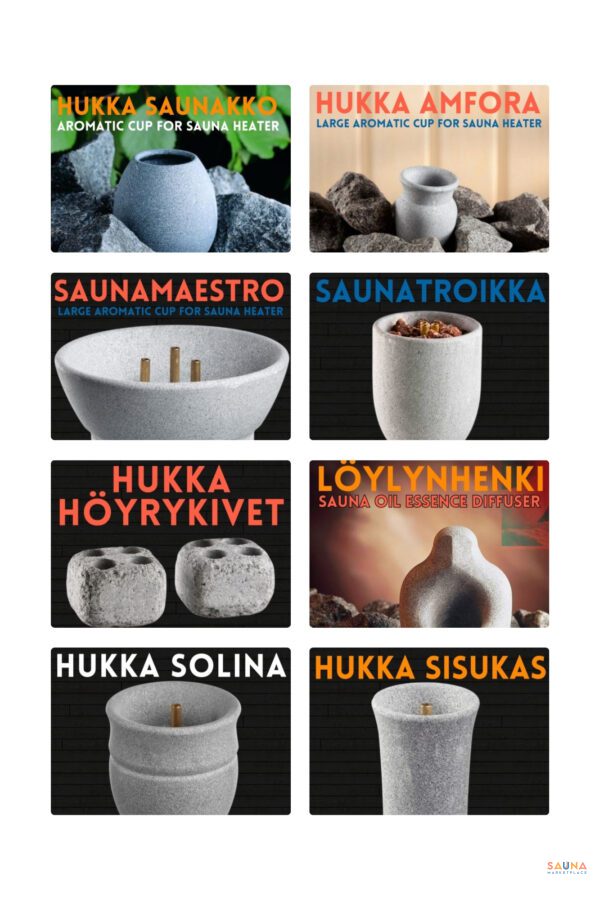 Hukka complete set of sauna aromatic cubs for aroma and essential oils and also sauna water fountain defusers from Finland