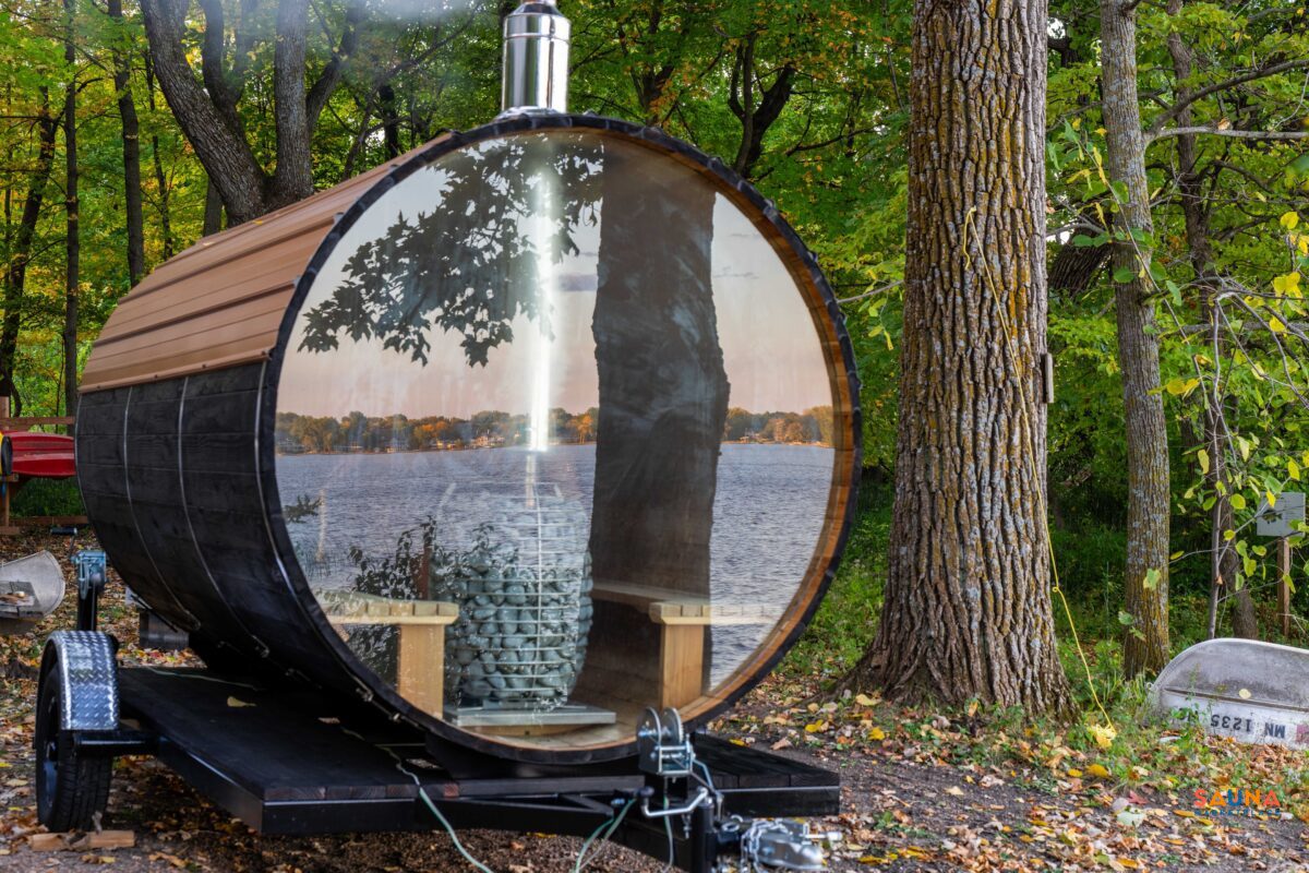 Glass wall mobile barrel sauna