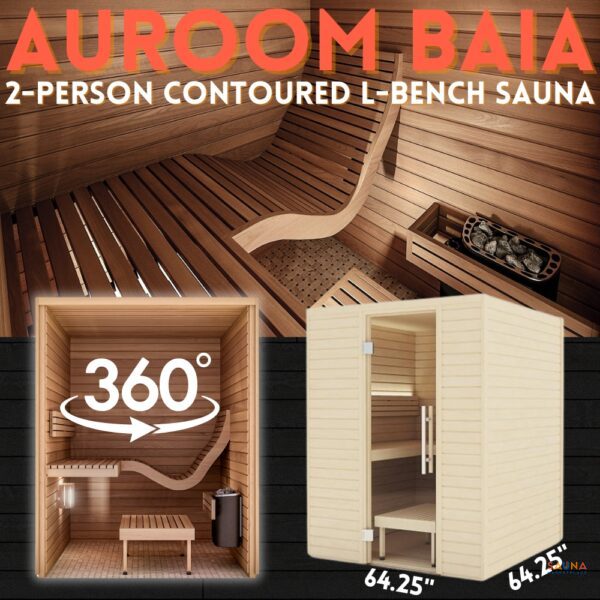 Auroom Baia Indoor Sauna Kit in Aspen and Thermo Aspen with Wavy Contoured Bench and 360 virtual showroom tour