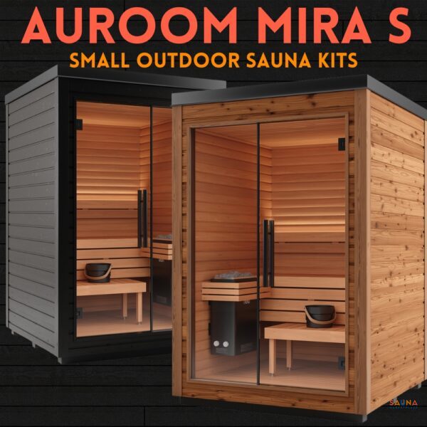 Auroom Mira S Outdoor Sauna Kits in black and natural pine wood