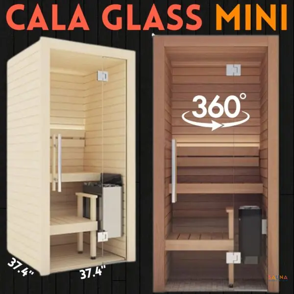 1-Person Sauna Auroom Cala Glass Mini in Aspen and Thermo Aspen with Virtual Showroom 360 Tour