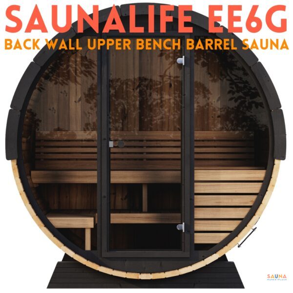 SaunaLife EE6G Upper Bench Barrel Sauna against back wall