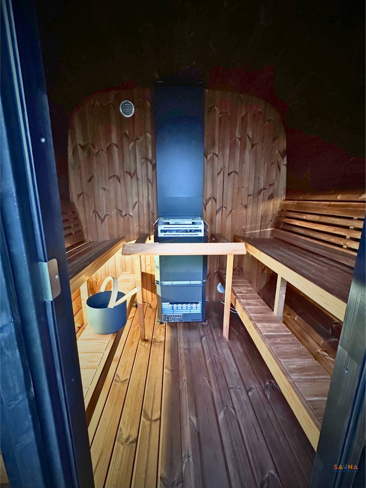 Saunalife Cl7G Cube Square Sauna At Night With Light Under Bench Included