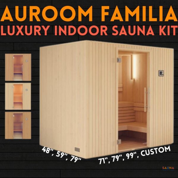 Auroom familia indoor sauna kit from europe in 5 sizes and 3 wood finishes with wood front
