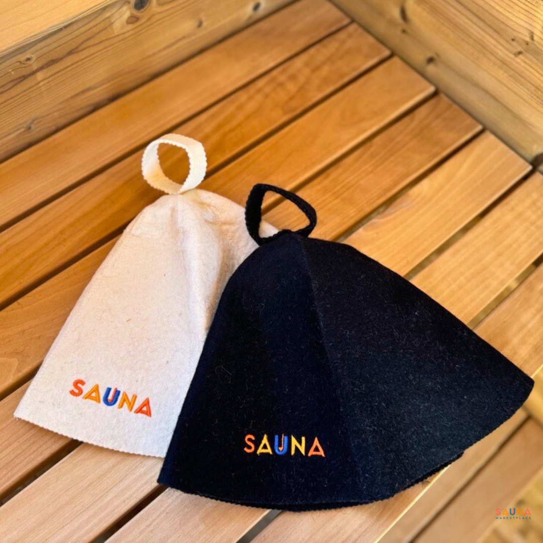 Black and White sauna hats on a bench