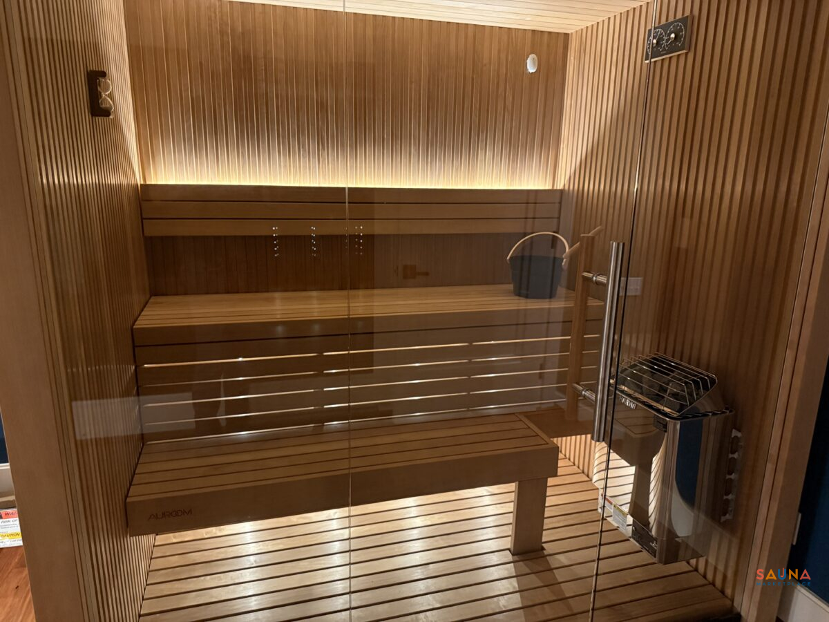 Auroom Libera Glass In Thermo Aspen With Harvia Kip Sauna Heater