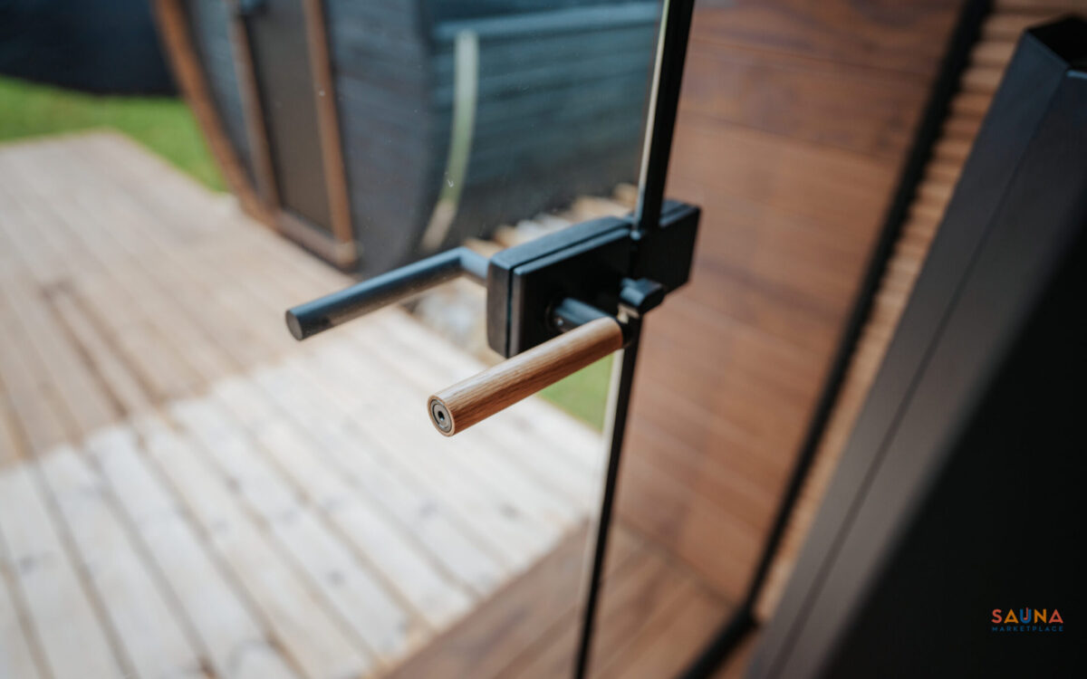 Premium Locking Sauna Door In The Auroom Aera Outdoor Sauna Kit With 3 Bench Levels And Overhang On Sauna Marketplace