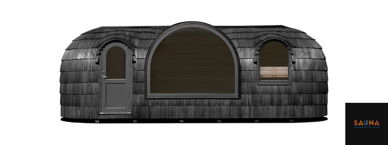 Iglucraft Panoramic Iglusauna exterior, Ebony finish, front elevation.